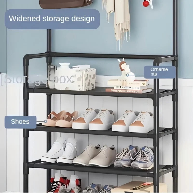 5-Layer Floor Standing Shoe Rack with Coat & Hat Hooks - Multi-Functional Entryway Storage Organizer for Living Room, Bedroom, D