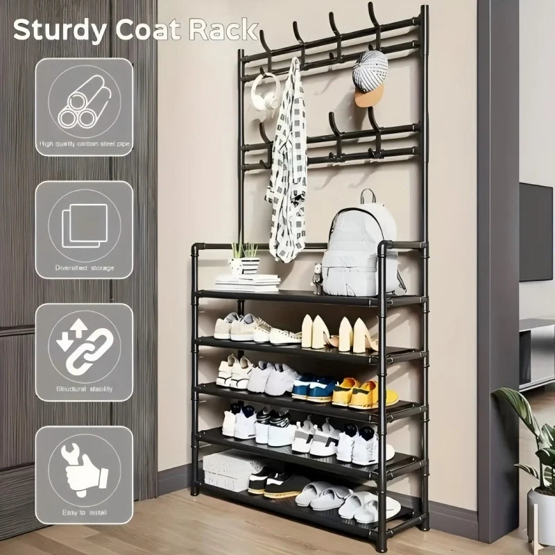 5-Layer Floor Standing Shoe Rack with Coat & Hat Hooks - Multi-Functional Entryway Storage Organizer for Living Room, Bedroom, D