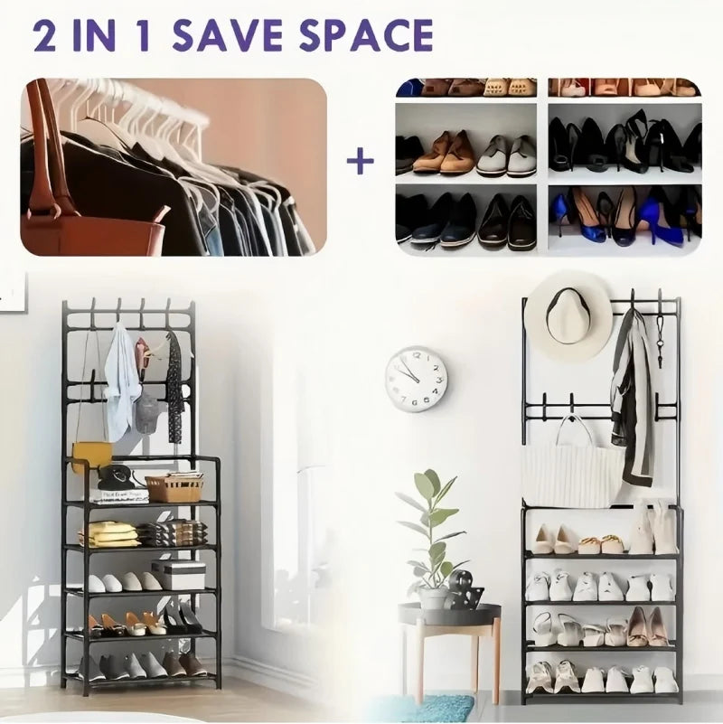 5-Layer Floor Standing Shoe Rack with Coat & Hat Hooks - Multi-Functional Entryway Storage Organizer for Living Room, Bedroom, D