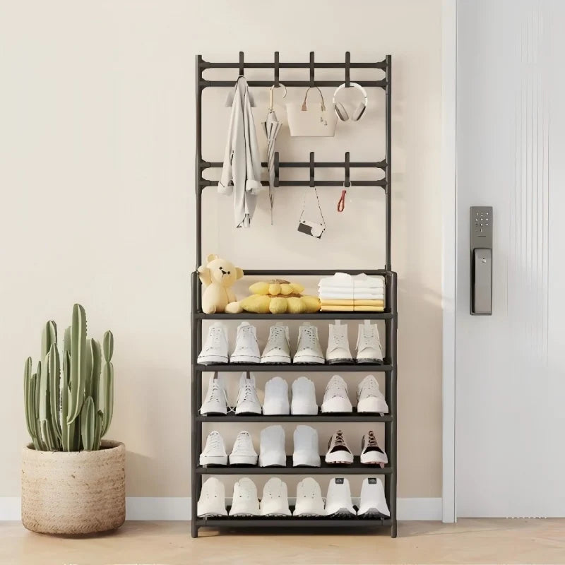 5-Layer Floor Standing Shoe Rack with Coat & Hat Hooks - Multi-Functional Entryway Storage Organizer for Living Room, Bedroom, D