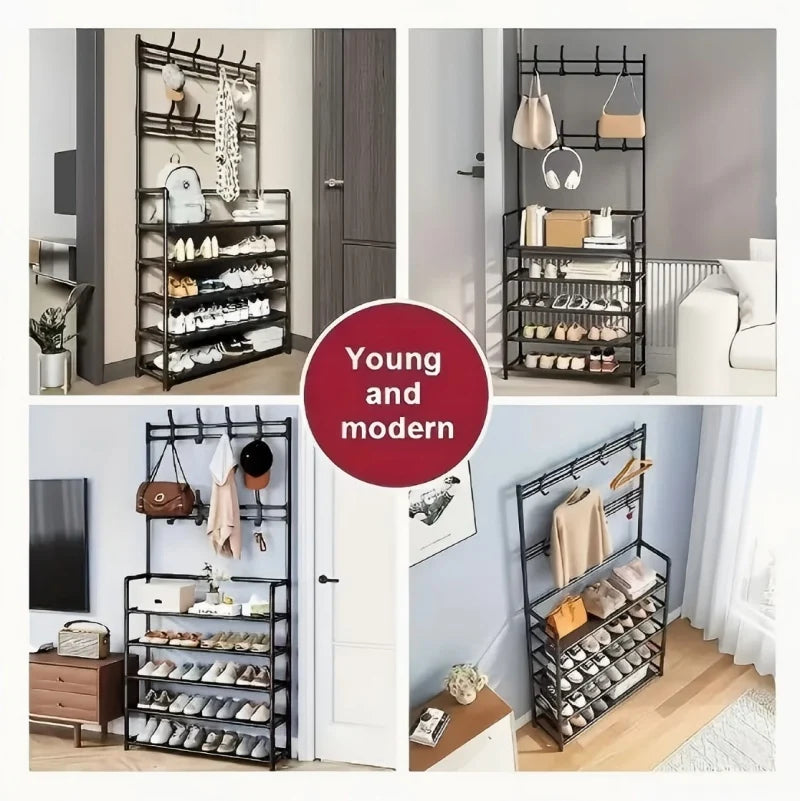 5-Layer Floor Standing Shoe Rack with Coat & Hat Hooks - Multi-Functional Entryway Storage Organizer for Living Room, Bedroom, D