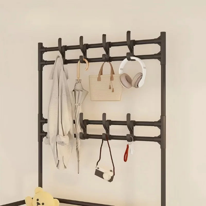 5-Layer Floor Standing Shoe Rack with Coat & Hat Hooks - Multi-Functional Entryway Storage Organizer for Living Room, Bedroom, D