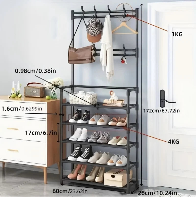 5-Layer Floor Standing Shoe Rack with Coat & Hat Hooks - Multi-Functional Entryway Storage Organizer for Living Room, Bedroom, D