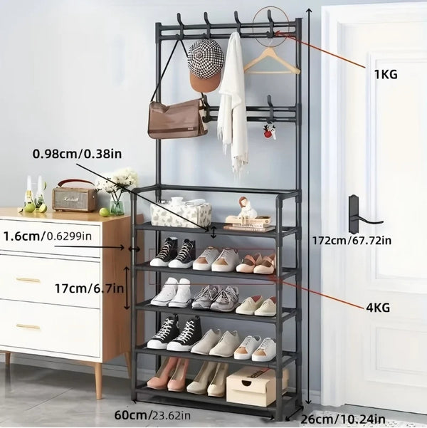 5-Layer Floor Standing Shoe Rack with Coat & Hat Hooks - Multi-Functional Entryway Storage Organizer for Living Room, Bedroom, D