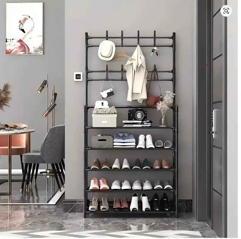 5-Layer Floor Standing Shoe Rack with Coat & Hat Hooks - Multi-Functional Entryway Storage Organizer for Living Room, Bedroom, D