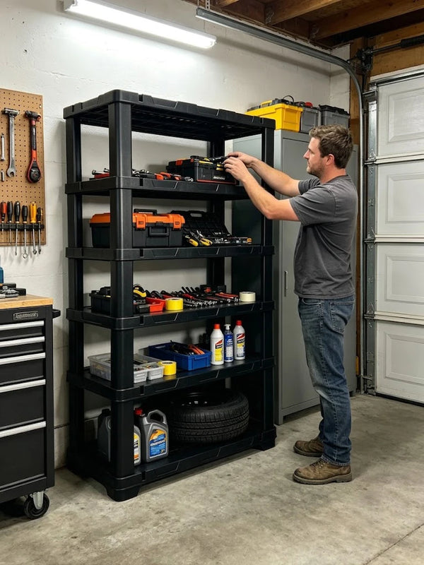 4 & 5 Tier Plastic Storage Shelving Unit, Heavy Duty Black PP Utility Rack, 3 Sizes Available Waterproof Organizer for Garage Kitchen Basement Laundry Pantry