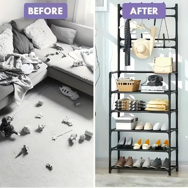 5-Layer Floor Standing Shoe Rack with Coat & Hat Hooks - Multi-Functional Entryway Storage Organizer for Living Room, Bedroom, D