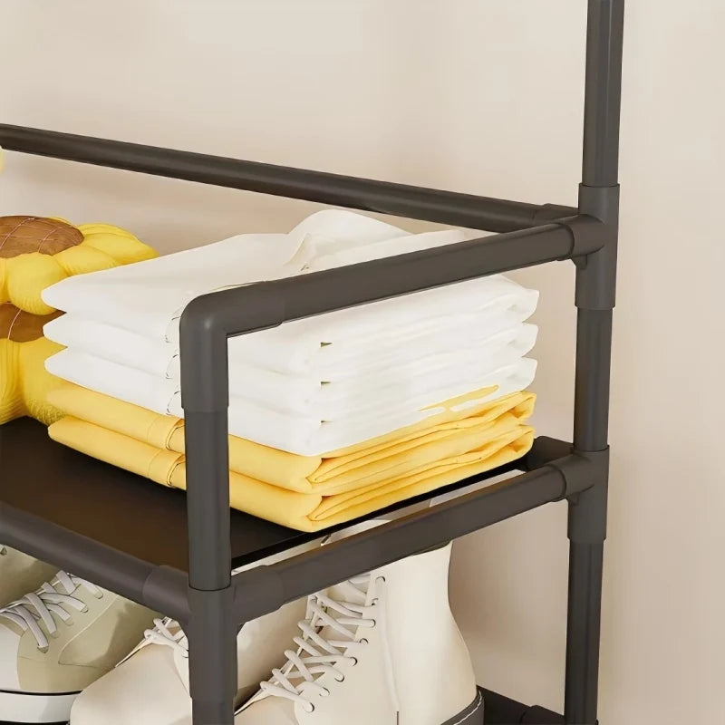 5-Layer Floor Standing Shoe Rack with Coat & Hat Hooks - Multi-Functional Entryway Storage Organizer for Living Room, Bedroom, D