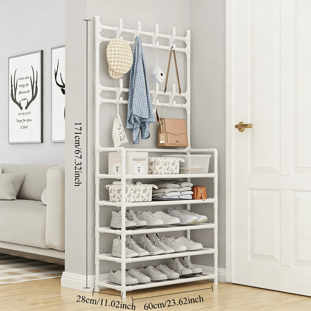 5-Layer Floor Standing Shoe Rack with Coat & Hat Hooks - Multi-Functional Entryway Storage Organizer for Living Room, Bedroom, D