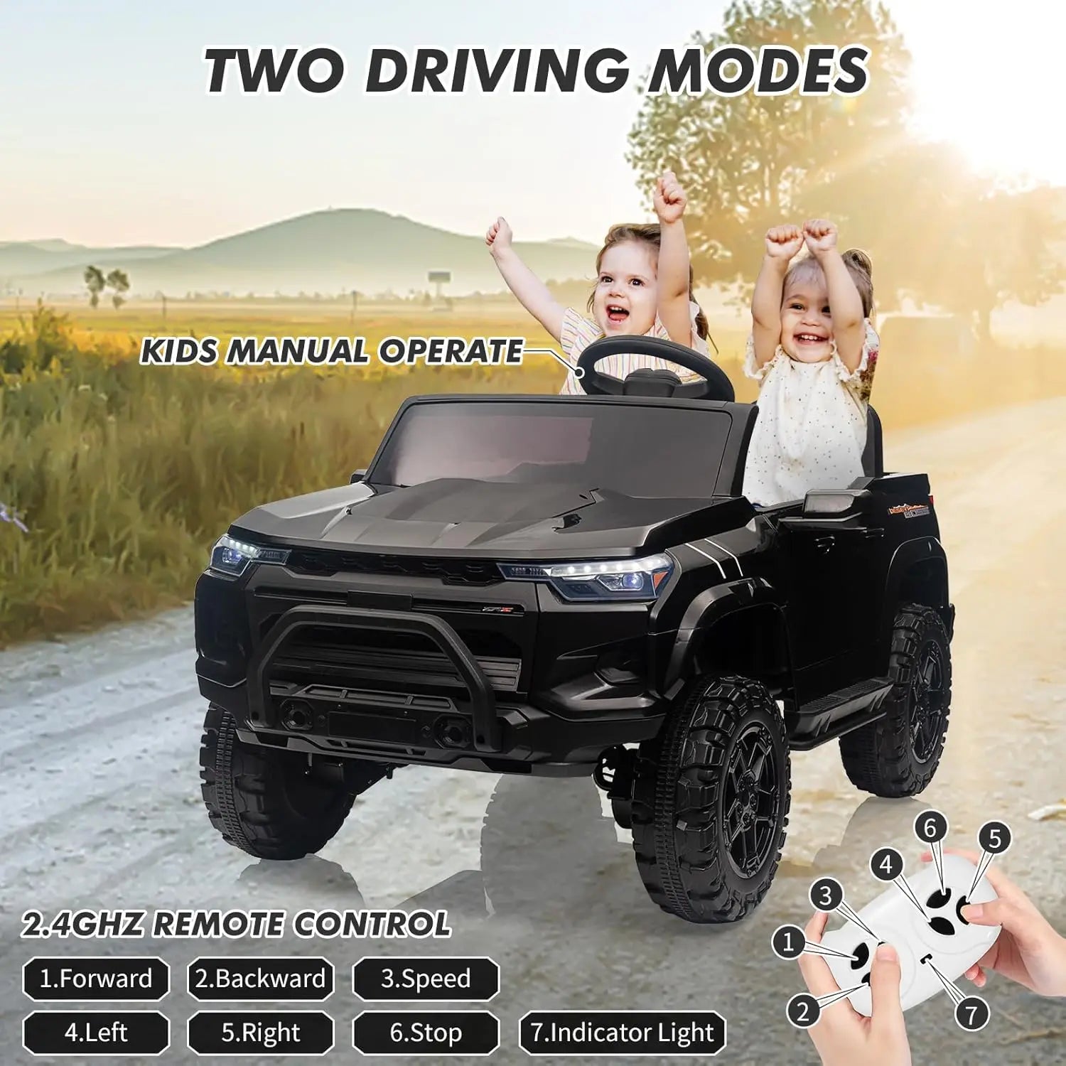 24V 2 Seater Kids Ride On Truck Electric Ride On Car Toy for Toddlers Battery Powered Vehicle with Remote Control, Trunk, Handle
