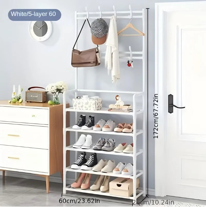 5-Layer Floor Standing Shoe Rack with Coat & Hat Hooks - Multi-Functional Entryway Storage Organizer for Living Room, Bedroom, D