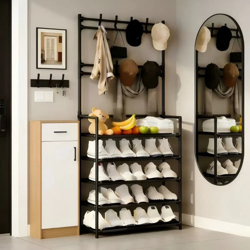 5-Layer Floor Standing Shoe Rack with Coat & Hat Hooks - Multi-Functional Entryway Storage Organizer for Living Room, Bedroom, D
